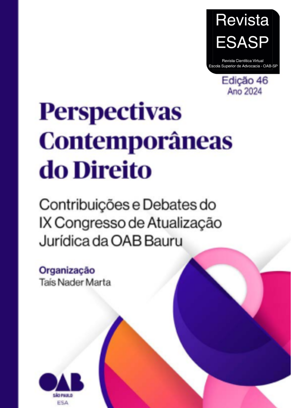 Capa da Revista ESASP. Fundo abstrato com formas coloridas em tons de rosa, laranja e roxo. Título: PERSPECTIVAS CONTEMPORÂNEAS DO DIREITO