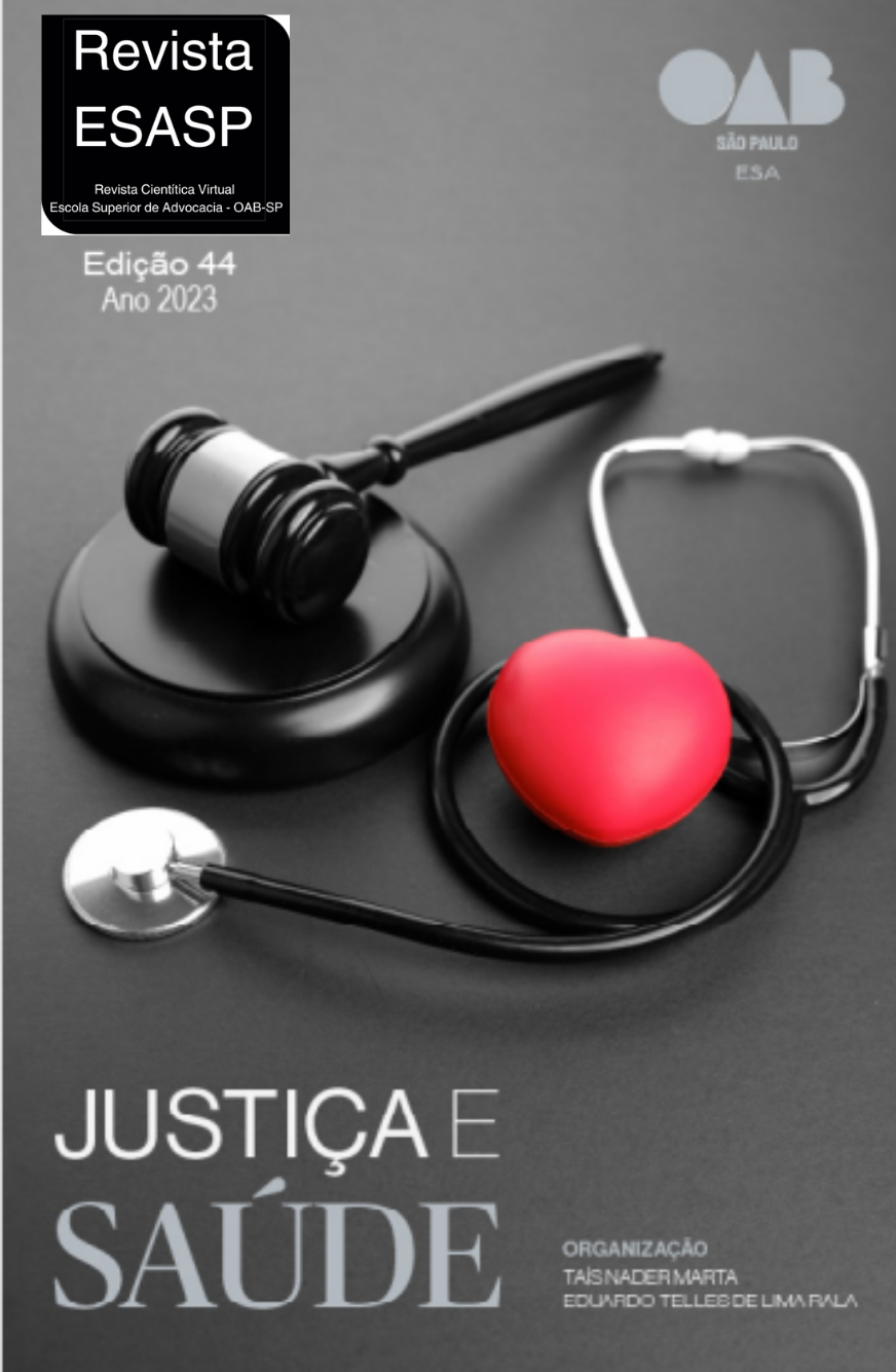 Capa da Revista ESASP - Revista Científica Virtual da Escola Superior de Advocacia da OAB SP, Edição nº 44, com o tema central "Justiça & Saúde". A imagem é uma composição gráfica moderna sobre fundo escuro. Do lado esquerdo, há uma ilustração estilizada em tons de azul e dourado que combina uma balança da justiça com a silhueta de uma figura humana, cujas linhas se assemelham a circuitos ou dados, integrando-se a um ícone que remete a um gráfico de batimentos cardíacos e saúde. No centro, o título "REVISTA ESASP" em destaque branco, com "ESASP" maior e em negrito, seguido por "Revista Científica Virtual da Escola Superior de Advocacia da OAB SP". Abaixo do título, o texto central em caixa alta dourada e branca: "II CONGRESSO REGIONAL INTERDISCIPLINAR" e "ANAIS DOS ARTIGOS CIENTÍFICOS", seguido pelo tema principal em letras grandes e brancas: "JUSTIÇA & SAÚDE", com o e-comercial (&) em dourado e estilizado com o símbolo da serpente de Asclepius (símbolo da medicina). Na parte inferior, as informações da edição em branco: "Nº 44 | OAB BAURU | OAB SP". No canto superior esquerdo, o logo da "OAB SP Escola Superior de Advocacia". No canto superior direito, os logos da "OAB SP", "SÃO PAULO", "BAURU" e "CAASP". No canto inferior direito, as fotos dos coordenadores: "TAÍS NADER MARTA" e "EDUARDO TELLES DE LIMA RALA", com o texto "COORDENADORES" abaixo delas.