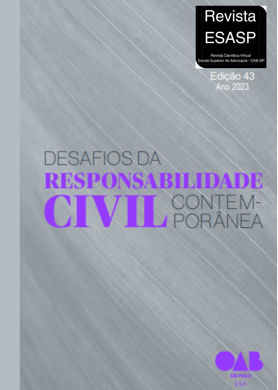 Capa da Revista Científica Virtual da Escola Superior de Advocacia da OAB/SP, nº 43, 2024. O tema central é "Desafios da Responsabilidade Civil Contemporânea". O layout apresenta formas geométricas em tons de azul e branco, com o logo da ESA OAB SP no canto superior esquerdo e um grafismo de "43" em destaque à direita.