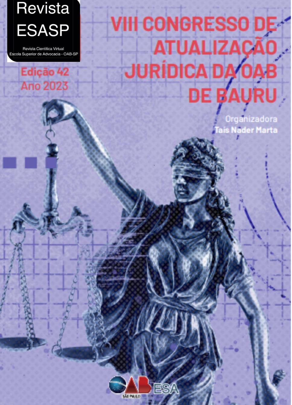 Capa da Revista ESASP. Imagem em tons de roxo de uma estátua da Justiça vendada. Título: VIII CONGRESSO DE ATUALIZAÇÃO JURÍDICA DA OAB DE BAURU.