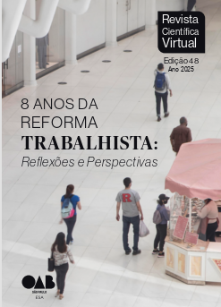 "Capa da Edição 48 da Revista Científica Virtual. Título: 8 Anos da Reforma Trabalhista: Reflexões e Perspectivas. Imagem de fundo mostra pessoas caminhando em um ambiente amplo e moderno."